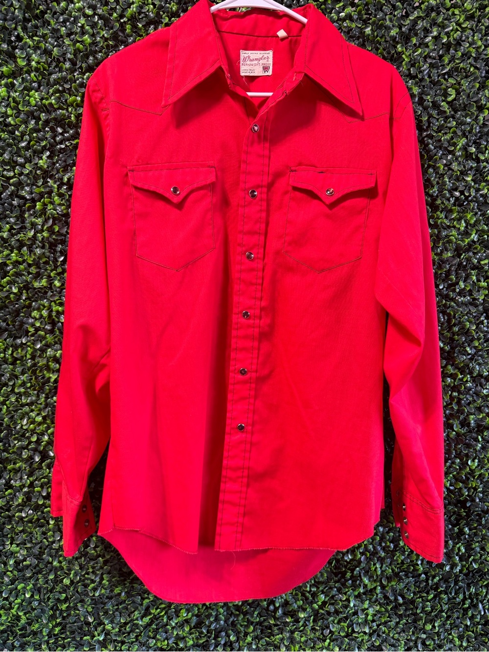 Wrangler Vintage 1970s Red Western Shirt Black Contrast Stitching Red Snaps